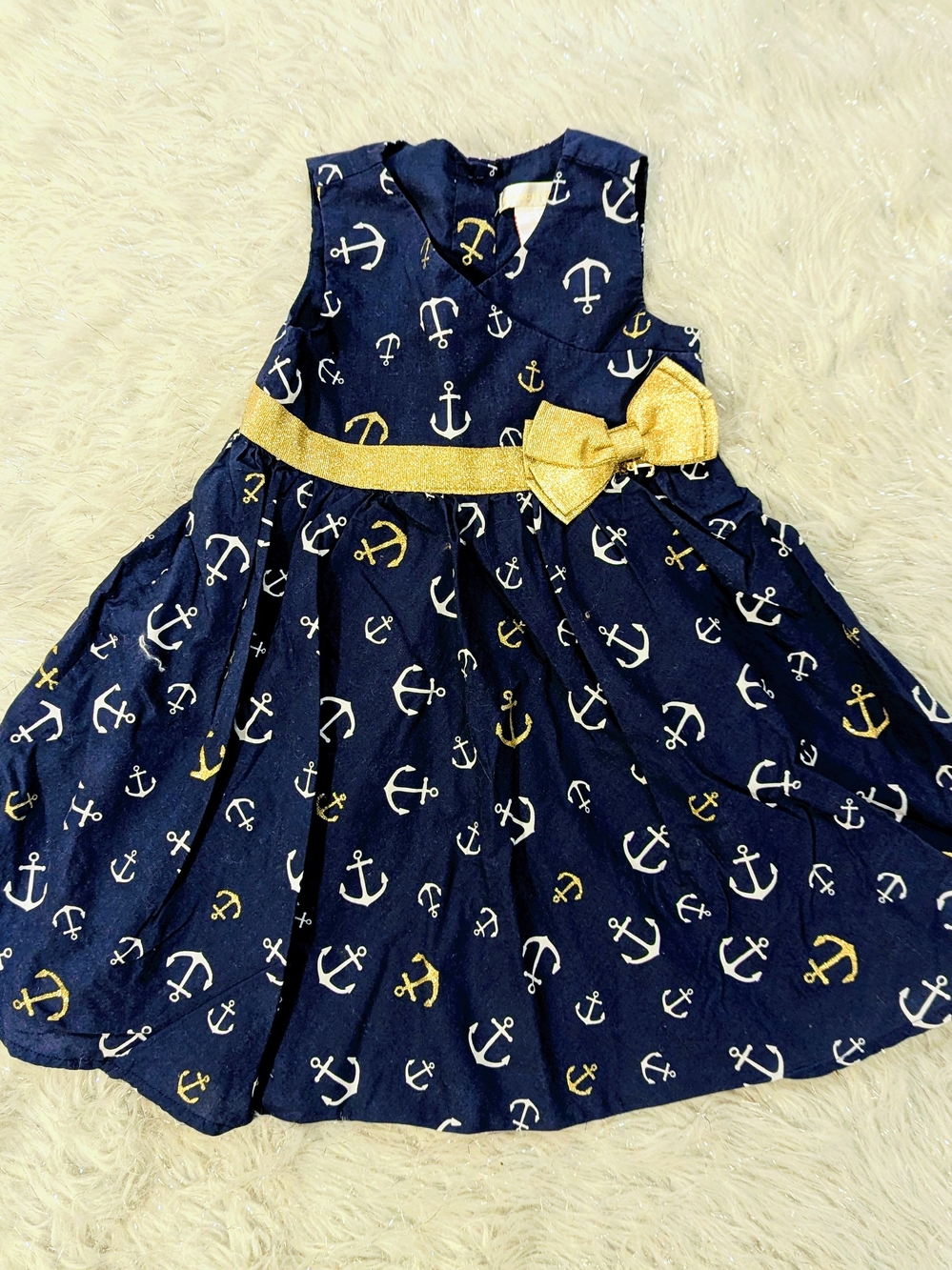 Maggie & Zoe Navy Anchor Dress with Gold Bow Accent 2t